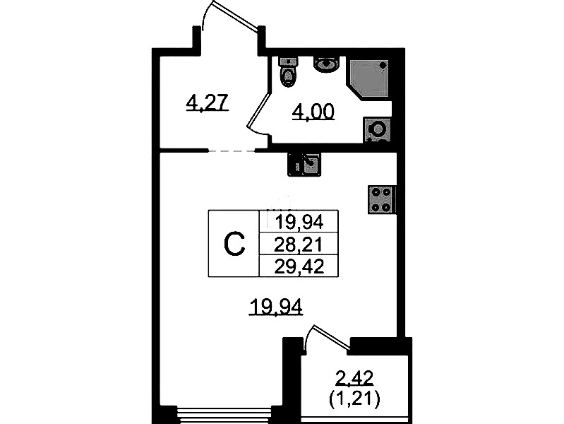 Квартира студия 29.42 м², 13/15 эт., ЖК «GloraX Парголово»